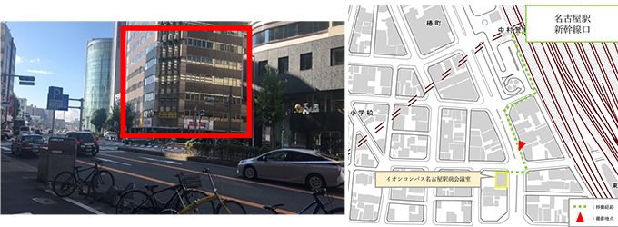 大通りにでると、椿町交差点という信号に突き当たります。その交差点を左に曲がり、少し歩くとすぐ右手に茶色のビルが見えてきます。